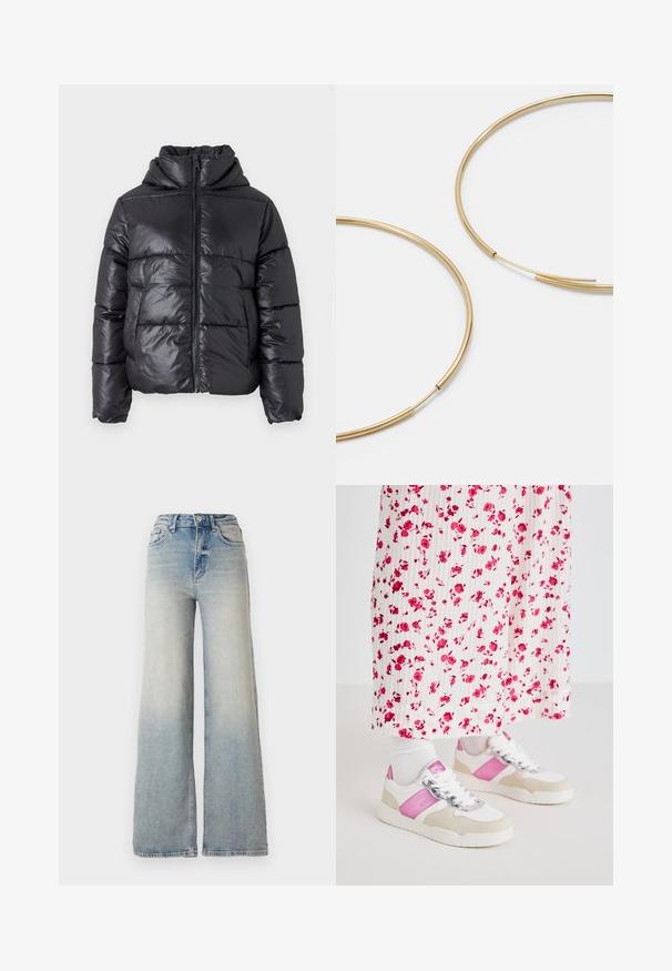Black puffer jacket with a shiny finish, zip front, and high collar. Features horizontal quilted pattern and elastic cuffs.; Three long-sleeve tops stacked: black, grey, and white. Each has a round neckline and a cropped design with smooth, lightweight fabric.; Light blue wide-leg jeans made of denim, featuring a high waist, five pockets, and visible stitching along the seams.; White and pink sneakers with a grey suede accent, featuring a shiny lace and pink side panel, paired with a long floral print pleated skirt.; Gold-colored hoop earrings, thin and round in shape, with a smooth metallic finish and no embellishments or patterns.
