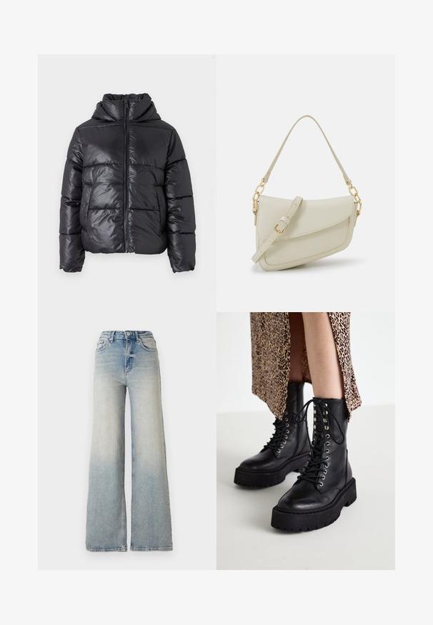 Black puffer jacket with a shiny finish, zip front, and high collar. Features horizontal quilted pattern and elastic cuffs.; White sleeveless tank top made of ribbed fabric, featuring a rounded neckline and a fitted silhouette, with minimal seams and no embellishments.; Light blue wide-leg jeans made of denim, featuring a high waist, five pockets, and visible stitching along the seams.; Black leather combat boots with thick rubber soles, lace-up front, and metallic eyelets. Textured leather and contrasting platform design.; Small cream handbag with a textured finish, a long adjustable strap, a chain accent, and a flap closure. Gold hardware detailing.; Gold-colored hoop earrings, thin and round in shape, with a smooth metallic finish and no embellishments or patterns.