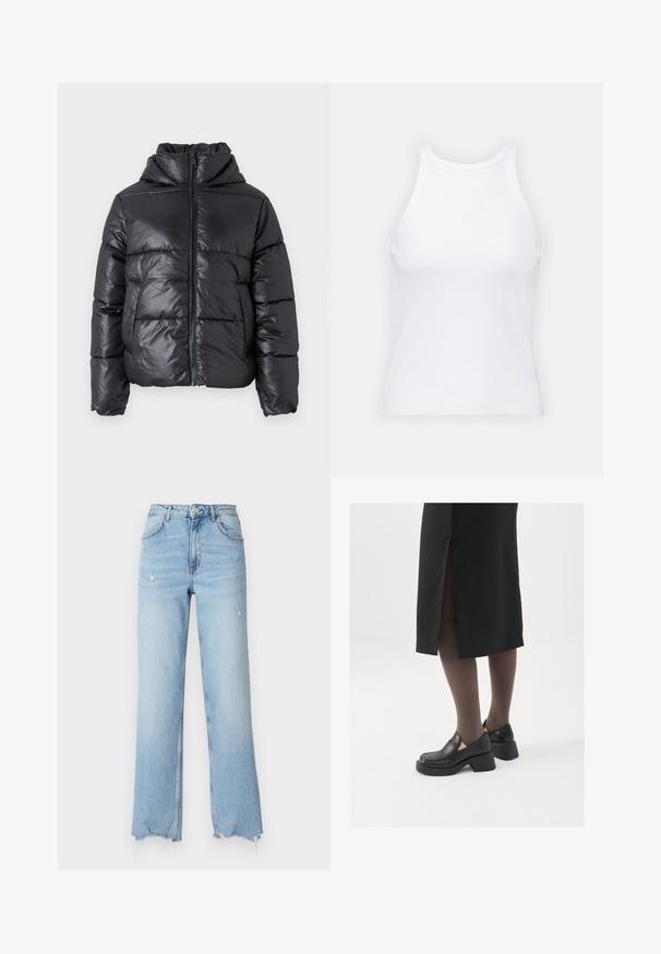Jachetă puffer neagră cu un finisaj strălucitor, fermoar frontal și guler înalt. Prezintă un model cusut orizontal și mansete elastice.; Top alb fără mâneci, confecționat din material ribbed, prezentând un decolteu rotund și o siluetă ajustată, cu cusături minime și fără ornamente.; Jeans din denim de culoare albastru deschis cu croială largă, având talie înaltă, tiv desfăcut și detalii uzate pe material.; Pantofi din piele neagră cu vârful rotund, toc bloc gros și accente elastice pe lateral, asortați cu colanți închiși la culoare și o fustă neagră cu o fanta.