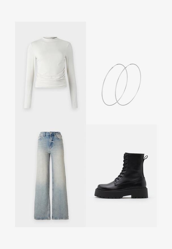 Chaqueta de plumas negra con un acabado brillante, cierre con cremallera en la parte delantera y cuello alto. Presenta un patrón de acolchado horizontal y puños elásticos.; Top blanco de manga larga con cuello redondo, hecho de una tela suave, con fruncidos laterales y una silueta ajustada.; Jeans de mezclilla de tiro alto y pierna ancha en color azul claro, con cinco bolsillos y costuras visibles a lo largo de las costuras.; Botas de cuero negras hasta el tobillo con punta redonda, cordones en la parte delantera y una suela de goma gruesa con un dibujo texturizado. Tirador en la parte trasera.; Pendientes de aro plateados con un diseño minimalista. Forma circular, textura suave y perfil delgado. Livianos con un acabado pulido.