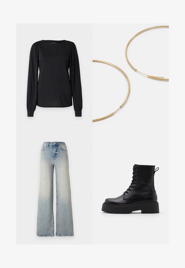 Zwarte pufferjas met een glanzende afwerking, ritssluiting aan de voorkant en hoge kraag. Beschikt over een horizontaal gestikt patroon en elastische manchetten.; Zwarte lange mouwen top van gladde stof, met een ronde halslijn en geraffineerde details op de schouders en manchetten.; Lichtblauwe wijdlopende spijkerbroek van denim, met een hoge taille, vijf zakken en zichtbare stiksels langs de naden.; Zwarte leren enkelboots met een ronde neus, vetersluiting aan de voorkant en een dikke rubberen zool met een gestructureerd profiel. Trekbandje aan de achterkant.; Gouden oorringen, dun en rond van vorm, met een gladde metallic afwerking en zonder versieringen of patronen.