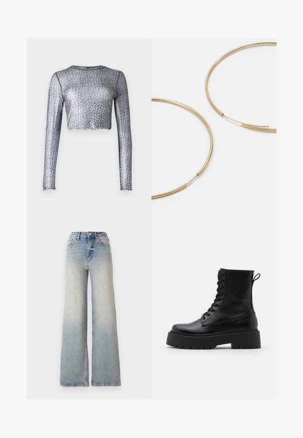 Melna pūkaina jaka ar spīdīgu virsmu, rāvējslēdzēja priekšpusi un augstu apkakli. Iekļauj horizontālu quilted dizainu un elastīgas aproces.; Sudraba sietiņa garām piedurknēm tops ar īsu apakšu, kas rotāts ar leopardu rakstu un ar viļņotām malām pie aprocēm un apakšmalas.; Gai zilu platā kāja džinsi, kas izgatavoti no denima, ar augstu jostasvietu, piecām kabatām un redzamu dūrienu gar šuvēm.; Melni ādas potītēm zābaki ar apļveida purngalu, auklām priekšpusē un biezu gumijas zoli ar teksturētu protektoru. Velkšanas cilpa aizmugurē.; Zelta krāsas auskari gredzena formā, plāni un apaļi, ar gludu metāla apdari un bez rotājumiem vai zīmējumiem.