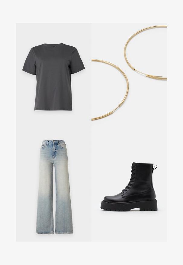 Juodas pūkinis švarkas su blizgiu paviršiumi, su užtrauktuku priekyje ir aukštu apykakle. Yra horizontalių siūlių raštas ir elastingi rankogaliai.; Pieces PCRIA FOLD UP SOLID TEE - Paprasti marškinėliai - magnet; Šviesiai mėlynus plačius džinsus, pagamintus iš džinsinio audinio, su aukštu liemeniu, penkiomis kišenėmis ir matomais siūlėmis.; Juodos odinės aulinukės su apvalia nosimi, raišteliais priekyje ir storesniu guminio pado apačioje su tekstūruotu raštu. Priekyje yra kilputė.; Aukso spalvos žiedo auskarai, ploni ir apvalūs, su lygiu metaliniu paviršiumi be papuošimų ar raštų.