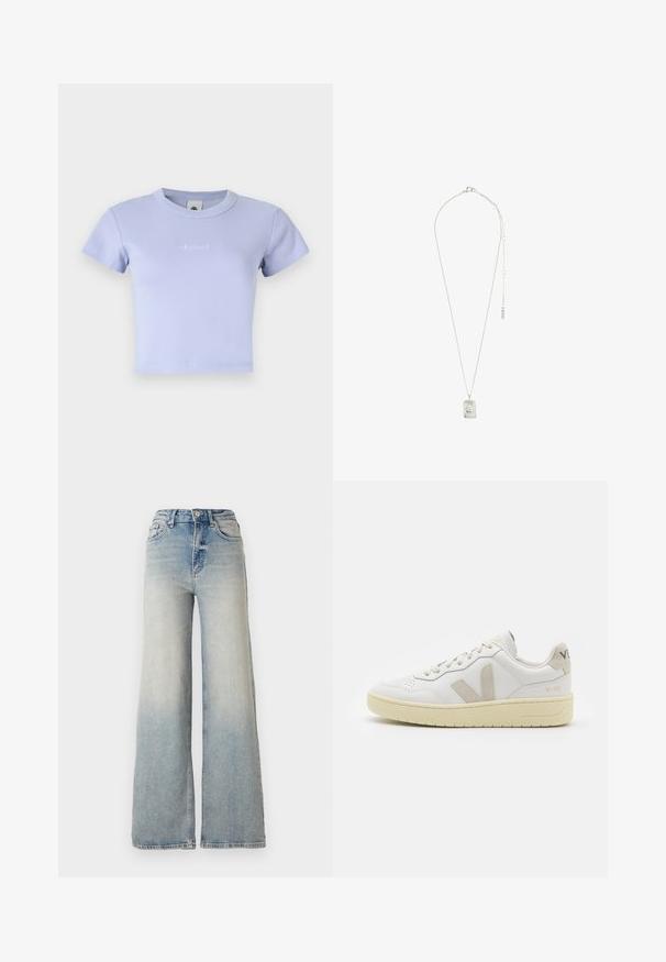 Sort dunjakke med en blank finish, lynlåslukning foran og høj krave. Har lodrette quiltede mønstre og elastiske manchetter.; Lys lilla ribbet bomulds crop t-shirt med korte ærmer og rund hals. Har et subtilt broderet logo på forsiden.; Lyseblå vid jeans lavet af denim, med høj talje, fem lommer og synlige sømme langs sømmene.; Hvide lærreds sneakers med beige ruskindsdetaljer, perforeret tåboks, flade snørebånd og en struktureret cremefarvet sål. Har diskret branding på hælen.; Sølvsmykke med en rektangulær vedhæng med indviklet design, en fin kæde og en justerbar lås til længdejustering.