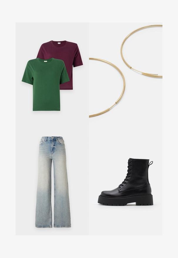 Czarna puchowa kurtka o błyszczącej powierzchni, z zamkiem z przodu i wysokim kołnierzem. Posiada poziomo pikowany wzór oraz elastyczne mankiety.; Dwie koszulki z krótkim rękawem: jedna zielona, a druga bordowa, wykonane z gładkiej bawełny, z okrągłymi dekoltami i prostym wzornictwem.; Jasnoniebieskie dżinsy o szerokich nogawkach, wykonane z denimu, z wysokim stanem, pięcioma kieszeniami i widocznym przeszyciem wzdłuż szwów.; Czarne skórzane botki za kostkę z okrągłym noskiem, sznurówką z przodu i grubą gumową podeszwą z teksturowanym bieżnikiem. Pętelka do zakładania z tyłu.; Złote kolczyki w kształcie cienkich okrągłych obręczy, o gładkim metalicznym wykończeniu, bez zdobień czy wzorów.