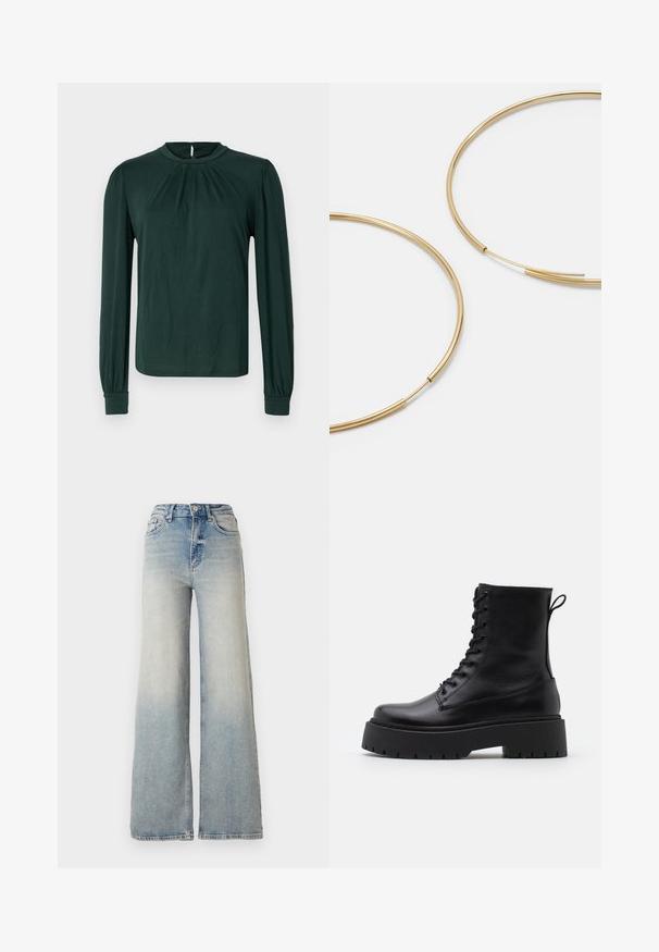 Černá nafouknutá bunda s lesklým povrchem, zipem vpředu a vysokým límcem. Má vodorovný prošívaný vzor a elastické manžety.; Tmavě zelená halenka s dlouhými rukávy a vysokým výstřihem, s plisovaným předním dílem a nařasenými manžetami. Vyrobena z hladké, lehké látky.; Světle modré široké džínsy vyrobené z denimu, s vysokým pasem, pěti kapsami a viditelným švem podél švů.; Černé kožené kotníkové boty s kulatou špičkou, šněrováním na přední straně a silnou gumovou podešví s texturovaným vzorkem. S poutkem vzadu.; Zlaté kruhové náušnice, tenké a kulaté, s hladkým kovovým povrchem a bez zdobení či vzorů.