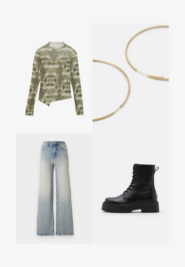 Zwarte pufferjas met een glanzende afwerking, ritssluiting aan de voorkant en hoge kraag. Beschikt over een horizontaal gestikt patroon en elastische manchetten.; Langarm, groene tie-dye top met een golvende halslijn en zoom. Kenmerkt een diagonale naad met textuurelementen in een zachte, lichte stof.; Lichtblauwe wijdlopende spijkerbroek van denim, met een hoge taille, vijf zakken en zichtbare stiksels langs de naden.; Zwarte leren enkelboots met een ronde neus, vetersluiting aan de voorkant en een dikke rubberen zool met een gestructureerd profiel. Trekbandje aan de achterkant.; Gouden oorringen, dun en rond van vorm, met een gladde metallic afwerking en zonder versieringen of patronen.