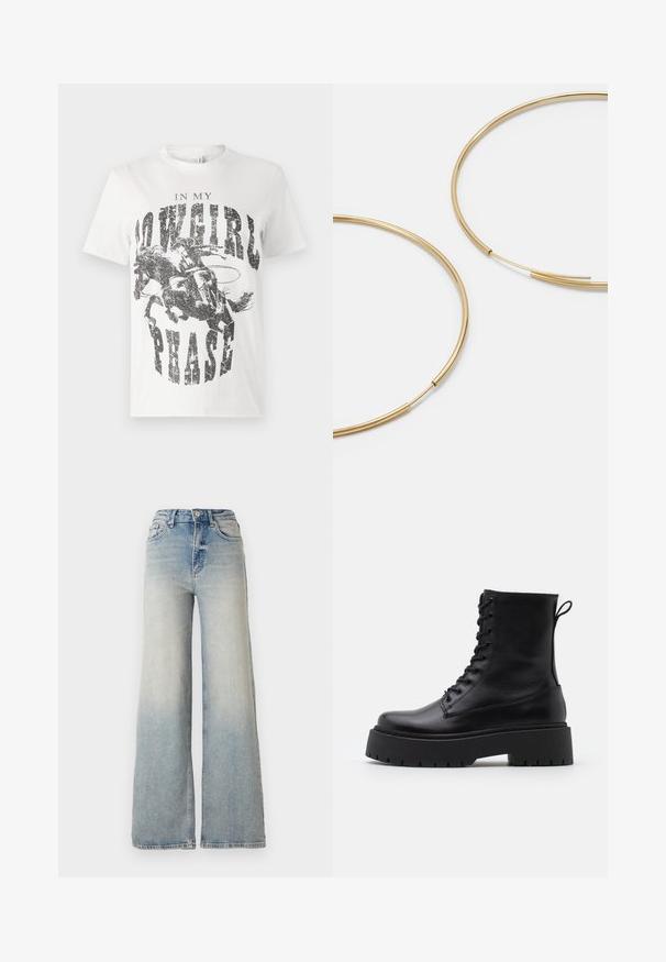 Svart pufferjacka med en glansig yta, dragkedja fram och hög krage. Har horisontell quiltad mönstring och elastiska muddproppar.; Vit bomulls t-shirt med en grafisk tryck av en häst och ryttare med texten "I MIN COWGIRL FAS" i fet, sliten svart skrift.; Ljusblå vida jeans gjorda av denim, med hög midja, fem fickor och synlig sömnad längs sömmarna.; Svarta läderankelboots med rund tå, snörning framtill och en tjock gummisula med strukturerat mönster. Dragflik bak.; Guldiga hoopsörhängen, tunna och runda i formen, med en slät metallisk finish utan utsmyckningar eller mönster.