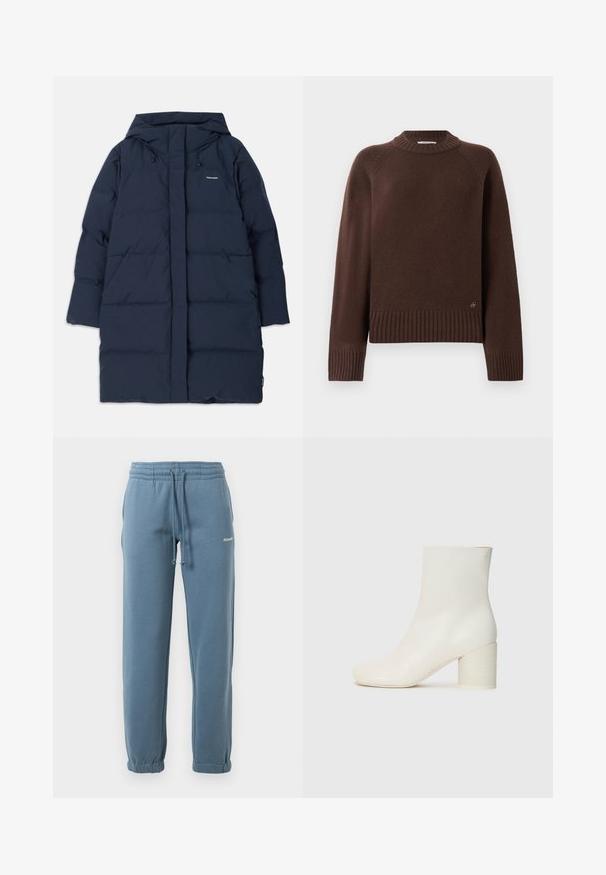 Geacă puffer albastru închis cu glugă, cu un fermoar frontal, mâneci largi și un model rectangular matlasat. Logo-ul brandului se află pe partea stângă sus.; Pulover din lână de culoare maro închis, cu manșete și tiv cu nervuri, și guler înalt, având un mic logo metalic aproape de tivul de jos pe un fundal simplu.; Pantaloni jogger cu talie elastică, de culoare albastră, cu șnur ajustabil, buzunare laterale, mansete elastice și un logo mic alb pe coapsa stângă.; Gheată albă din piele până la gleznă, cu vârf rotund și toc cilindric gros. Textură netedă, design minimal, fără hardware sau tipare vizibile.