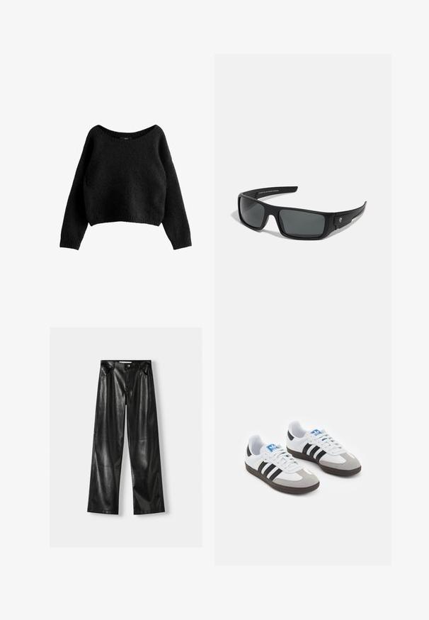 Sort pufferjakke lavet af quiltet stof, med høj krave, frontlynlås og lynlåslommer. Logo vist på venstre skulder.; Sort cropped sweater lavet af et blødt, tekstureret materiale. Har en bred halsudskæring og lange, tætsiddende ærmer med ribbede manchetter.; To langærmede trøjer: én sort og én hvid. Begge har en rund halsudskæring og en glat, ribbet tekstur. Brandmærket er synligt indeni halsudskæringen.; Sorte læder bukser med vide ben og en skinnende overflade, der har to forlommer, knaplukning og synlige sømdetaljer.; Sportsko med en overdel i hvid læder, grå ruskind på tåen og tre sorte striber. Har et blåt logo på tungen og en struktureret gummisål.; Sorte solbriller med en rektangulær stel, mørkegrå linser og en glat plastoverflade. Bemærkelsesværdig logoaccent på siden.; Sort nylon skuldertaske med en buet form, sølvfarvet kædeaccent, aftagelig mini-pung og justerbar rem; prydet med "Steve Madden" logo.