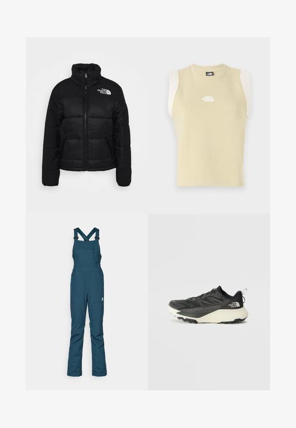 Čierna puffa bunda z prešívanej tkaniny, s vysokým golierom, predným zipsom a zipsovými vreckami. Logo umiestnené na ľavom ramene.; Bezrukávový top z pastelovo žltého bavlneného materiálu s okrúhlym výstrihom. Má kontrastné krémové ramenné panely a textúrované logo na hrudi.; Tyrkysový snehový overal s nastaviteľnými popruhmi, zipsom na hrudný vrecko a dvoma bočnými vreckami, vyrobený z odolného, počasiu odolného materiálu.; Čierna atletická obuv s textúrovaným vrchom, s šedými akcentmi a bielou medzipodrážkou. Obsahuje pútko a výrazné logo značky na päte.