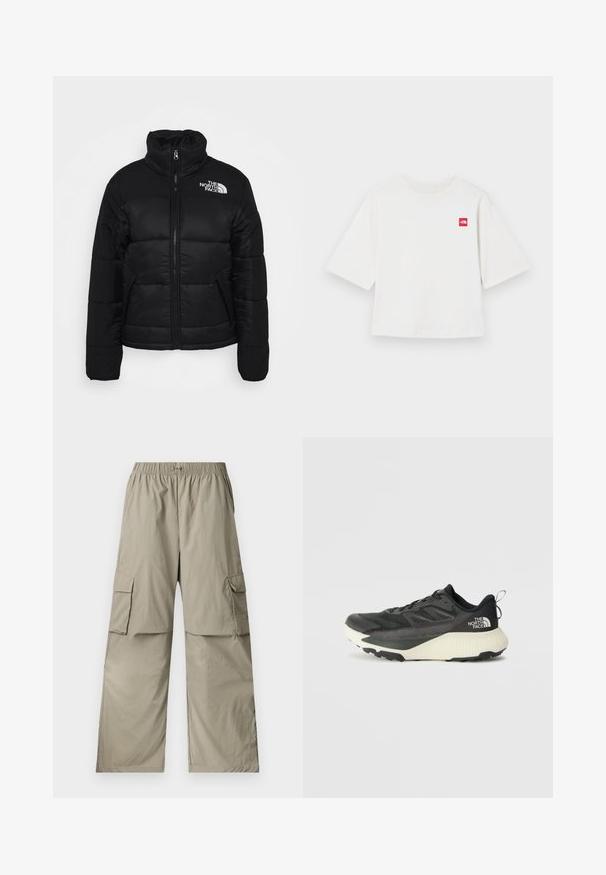 Zwarte pufferjack gemaakt van gewatteerde stof, met een hoge kraag, een ritssluiting aan de voorkant en ritszakken. Logo op de linkerschouder.; Witte T-shirt met korte mouwen, gemaakt van katoen. Heeft een klein rood vierkant logo op de linkerborst. Recht gesneden. Zachte textuur.; Beige cargobroek van lichtgewicht stof, met een elastische tailleband, een losse pasvorm en twee grote zijzakken.; Zwarte sportieve schoen met een gestructureerde bovenkant, voorzien van grijze accenten en een witte tussenzool. Inclusief een trekhaak en een opvallend merklogo op de hiel.