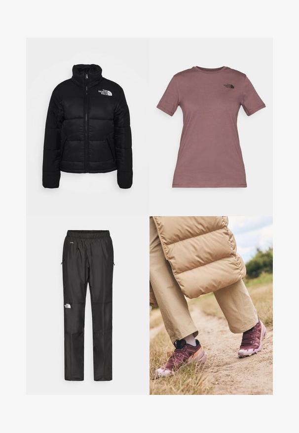 Doudoune noire en tissu matelassé, avec un col haut, une fermeture éclair sur le devant et des poches zippées. Logo affiché sur l'épaule gauche.; T-shirt à manches courtes et col rond en mauve doux, fabriqué dans un tissu moelleux. Il présente un petit logo noir sur le haut du côté gauche de la poitrine.; Pantalons noirs imperméables en tissu léger, dotés d'une taille élastique, de poches latérales et d'un logo sur la jambe gauche.; Salomon SPEEDCROSS 6 - Chaussures de running - catawba grape/papaya/deauville mauve