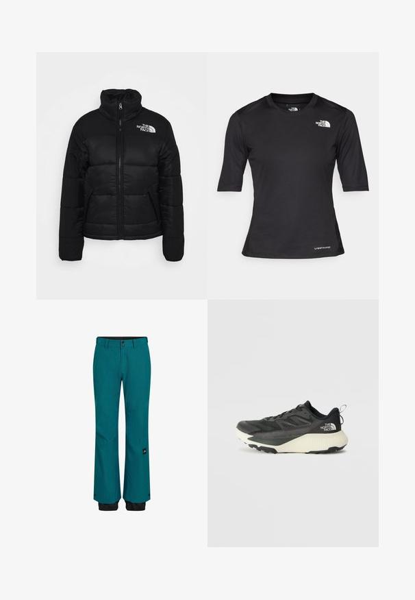 Schwarze Pufferjacke aus gestepptem Stoff, mit hohem Kragen, Frontreißverschluss und Reißverschlusstaschen. Logo auf der linken Schulter präsentiert.; Schwarzes kurzärmeliges Sportshirt aus strukturiertem Material, mit Rundhalsausschnitt und dem weißen Logo von The North Face auf der linken Brust.; Türkise Schneehosen mit entspannter Passform, ausgestattet mit einem schwarzen Bund und unteren Säumen. Das Material ist strapazierfähig und hat eine dezente Textur sowie ein seitliches Logo-Patch.; Schwarzer Sportschuh mit strukturiertem Obermaterial, ausgestattet mit grauen Akzenten und einer weißen Zwischensohle. Enthält eine Zuglasche und ein markantes Markenlogo an der Ferse.