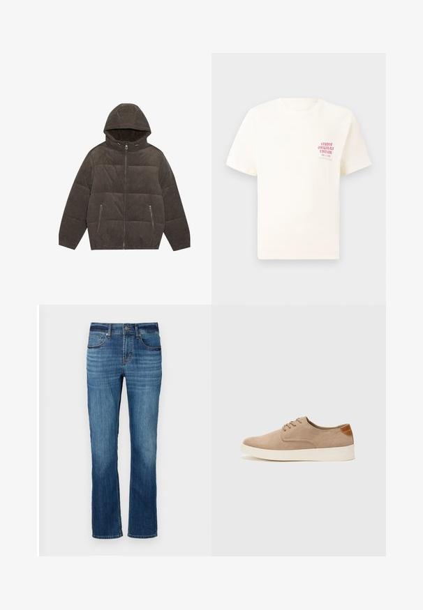 Hooded puffer jacket in dark gray corduroy. Features zip closures, two front pockets, and a quilted design with elastic cuffs.; White short-sleeve T-shirt with red text "Studio Originals Edition" on left chest, displayed on a neutral gray background.; Blue denim jeans with a straight leg design, featuring five pockets, light fading, and copper stitching. Finished with a standard waistband.; Beige suede sneakers with a rounded toe, lace-up front, and a textured back accent. White rubber sole provides contrast. Simple and modern design.