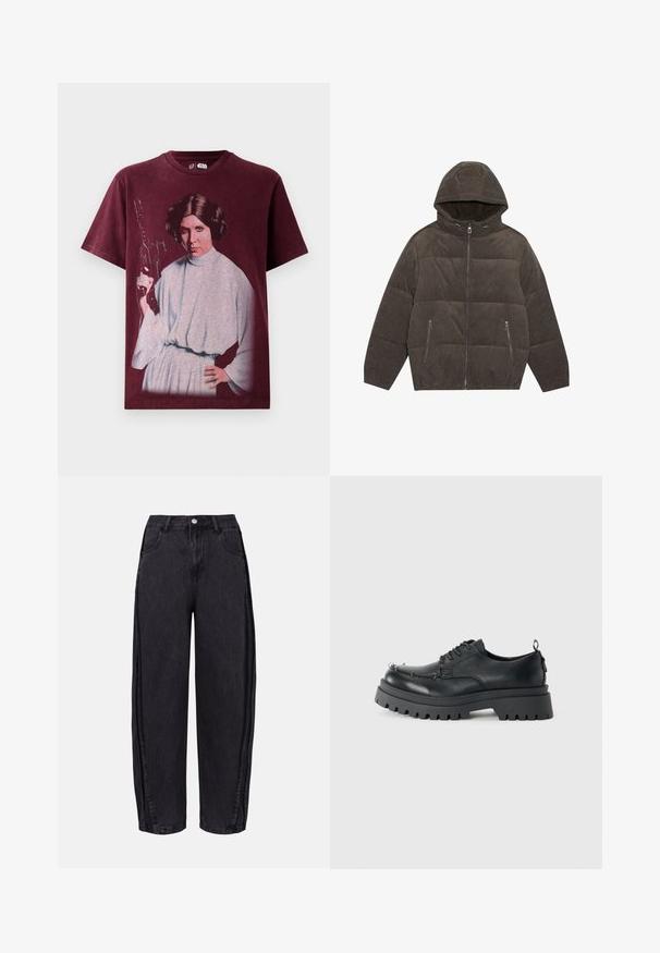 Hooded puffer jacket in dark gray corduroy. Features zip closures, two front pockets, and a quilted design with elastic cuffs.; Burgundy cotton t-shirt featuring a graphic print of a character in a grey dress, with a blaster in hand and hair styled in buns.; Black wide-leg jeans made of denim with a smooth texture. Features a high waist, front pockets, and button closure at the waistband.; Black chunky leather lace-up shoe with thick rugged sole and metal eyelets on toe area, photographed against a plain light background.