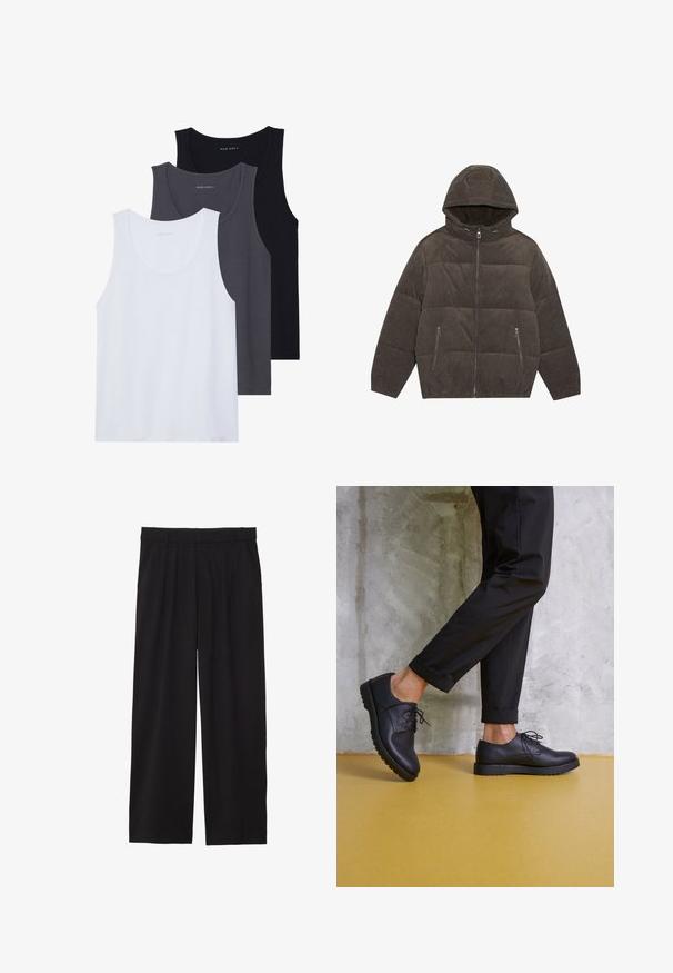 Huppupuffer takki tummanharmaasta corduroysta. Ominaisuuksiin kuuluu vetoketjukiinnitykset, kaksi etutaskua ja tikattu muotoilu elastisilla hihansuilla.; Kolme hihattomaa paitaa esillä: yksi valkoinen, yksi tummanharmaa ja yksi musta. Valmistettu pehmeästä kankaasta, joissa on pyöristetyt kaula-aukot ilman voimakkaita kuvioita.; Mustat väljät housut, joissa on laskostettu etuosa, sivutaskut ja sileä kankaan rakenne. Suunniteltu rentoa istuvuutta varten.; Mustat nahkaiset nauhakenkä, joissa on pyöreä kärki, teksturoitu pinta ja paksu kumipohja. Yhdistettynä rullattuihin mustiin housuihin betonitaustalla.