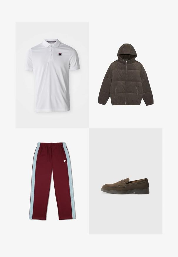 Gevoerde pufferjas met capuchon, gemaakt van donkergrijze corduroy. Bevat ritssluitingen, twee zijzakken en een gewatteerd ontwerp met elastische cuffs.; Witte polo t-shirt gemaakt van gladde, ademende stof. Beschikbaar met een kraag met knopen en een klein logo op de linkerkant van de borst. Korte mouwen.; Bordeauxkleurige sportbroek met lichtblauwe zijstrepen, elastische tailleband en logodetail. Gladde stof met een recht-vallend ontwerp.; Bruine suède instap schoenen met een ronde neus, een band over de wreef en een plat rubberen zool. Eenvoudig ontwerp met strakke lijnen en minimale details.