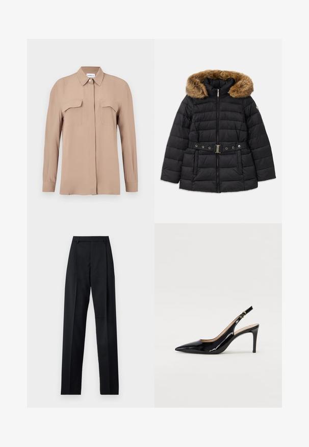 Black puffer jacket with a faux fur-lined hood, zip closure, and a decorative belt featuring metal hardware. Quilted pattern.; Beige long-sleeve button-up shirt in a lightweight fabric. Features two chest pockets and a classic collar, with a straight cut and minimal design.; Black trousers made from smooth fabric featuring a high waist, wide legs, front pleats, and classic belt loops. No side pockets visible.; Black patent leather slingback pump with pointed toe, slim heel, and a subtle cutout design. Features a gold buckle on the strap.