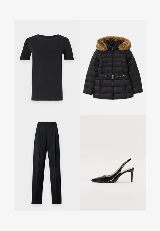 Sort pufferjakke med en hætte foret med fake pels, lynlås lukning og et dekorativt bælte med metalhardware. Quiltet mønster.; Sort kortærmet t-shirt lavet af blød bomuld, med rund hals og klassisk pasform. Glat tekstur, ingen mønstre eller pynt.; Sorte bukser lavet af glat stof, der har høj talje, brede ben, frontfolder og klassiske bælteløkker. Ingen synlige sidelommer.; Sort patenteret læder slingback stiletto med spids tå, slank hæl og et subtilt udskæringsdesign. Har en gylden spænde på remmen.