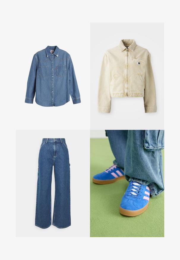 Jachetă scurtă bej, realizată dintr-un material moale, cu fermoar frontal, guler, două buzunare laterale și o mică etichetă cu logo pe piept.; Cămașă din denim de culoare albastru deschis, cu mâneci lungi, guler ascuțit, două buzunare pe piept și cusături contrastante. Prezintă un design tip yoke în stil vest.; Pantaloni din denim albastru cu talie înaltă și picioare largi, cu o cusătură contrastantă și buzunare laterale, având un design clasic cu cinci buzunare și margini brut.; Pantofi din piele întoarsă albaștri cu dungi roz și șireturi albe, având o talpă din cauciuc gumat, asortați cu pantaloni din denim largi pe o suprafață verde.