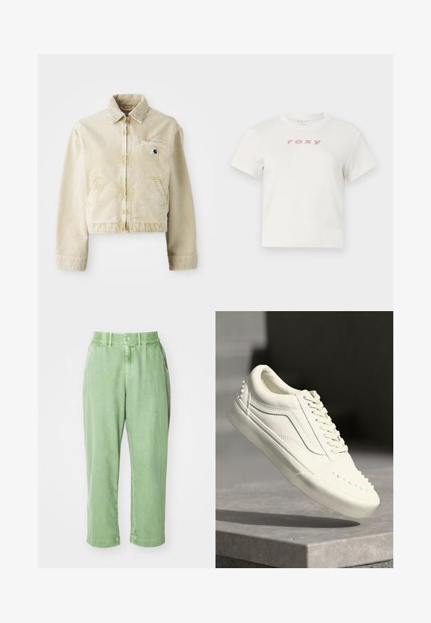 Beige cropped jakke lavet af blødt stof, med en frontlynlås, krave, to sidelommer og et lille logo-patch på brystet.; Hvid bomulds T-shirt med korte ærmer og rund halsudskæring, med et pink logo "roxy" trykt på forsiden. Regular fit design.; Lysgrønne, afslappede bukser lavet af blødt materiale. Har en knap og elastisk talje, samt sidelommer og tætsiddende ben.; Hvide sneakers med en tekstureret finish, udstyret med en polstret krave, snørelukning og små dekorative nitter langs siden nær sålen.