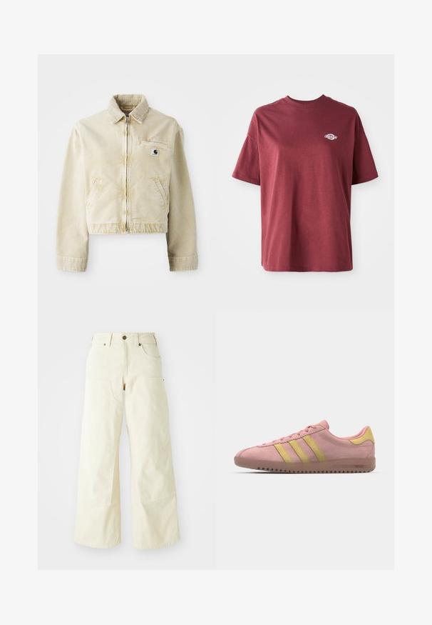 Bežová skrátená bunda vyrobená z mäkkej textílie, s predným zipsom, golierom, dvoma bočnými vreckami a malou nášivkou loga na hrudi.; Bordový bavlnený tričko s okrúhlym výstrihom, krátkymi rukávmi a malým bielym logom na ľavej strane hrudníka. Hladká textúra, uvoľnený strih.; Béžové nohavice s širokými nohavicami vyrobené z bavlny, s vysokým pásom, veľkými prednými vreckami a hladkou textúrou s minimálnym detailom šitia.; Ružové semišové tenisky s tromi žltými pruhmi, zaoblenou špičkou a textúrovanou gumovou podrážkou. Nízky profil s polstrovaným golierom.
