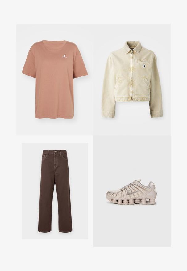 Beige taillierte Jacke aus weichem Stoff mit einem Frontreißverschluss, Kragen, zwei Seitentaschen und einem kleinen Logopatch auf der Brust.; Jordan TEE - T-Shirt basic - archaeo brown/(white); Braune weit geschnittene Jeanshose mit kontrastierenden Nähten, fünf Taschen und einer metallenen Knopfverschlus. Glatte Textur, gerader Schnitt.; Hellbeige Sport Schuh mit einem Obermaterial aus Mesh, strukturiertem Design und einer markanten gepolsterten Sohle mit zylindrischen Abschnitten.