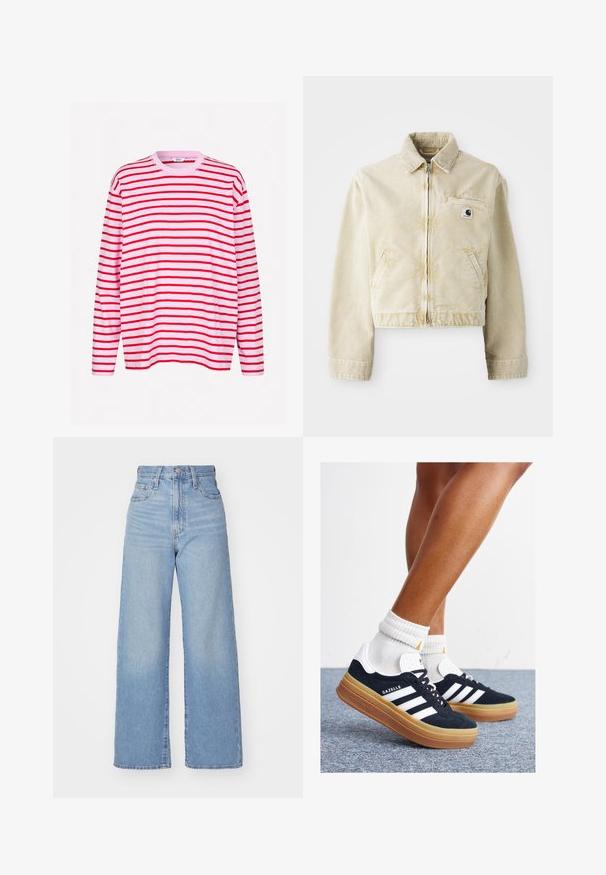 Beige cropped jacket made of soft fabric, featuring a front zipper, collar, two side pockets, and a small logo patch on the chest.; Envii KULLA - Long sleeved top - pirouette/salsa; Light blue high-waist wide-leg jeans with front button and zip closure, front and back pockets, on a white background.; Black suede sneakers with white stripes and accents, rounded toe, gum rubber outsole, paired with white ribbed crew socks.