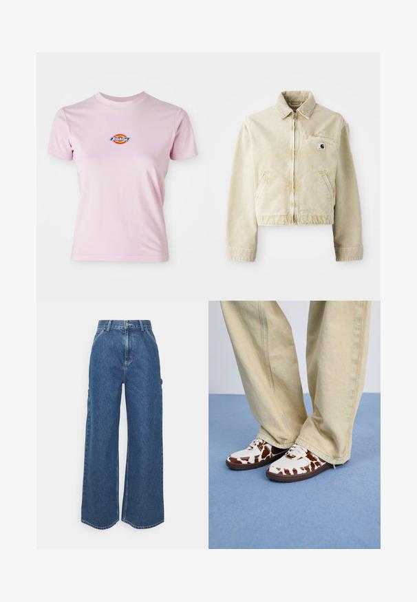 Beige, rövidített dzseki puha anyagból, elülső cipzárral, gallérral, két oldalsó zsebbel és egy kis logóval a mellrészen.; Rózsaszín pamut póló rövid ujjakkal, kerek nyakkivágással és egy kis kör alakú logóval a mellkason, amely piros, sárga és kék színeket tartalmaz.; Széles szárú, kék farmernadrág magas derékkal, kontrasztos varrással és oldalsó zsebekkel, klasszikus öt zsebes kialakítással és nyers szegéllyel.; Fehér és barna mintás sportcipők, hálós és bőr anyagból, barna gumi talppal. Világos bézs bő szabású nadrággal párosítva.