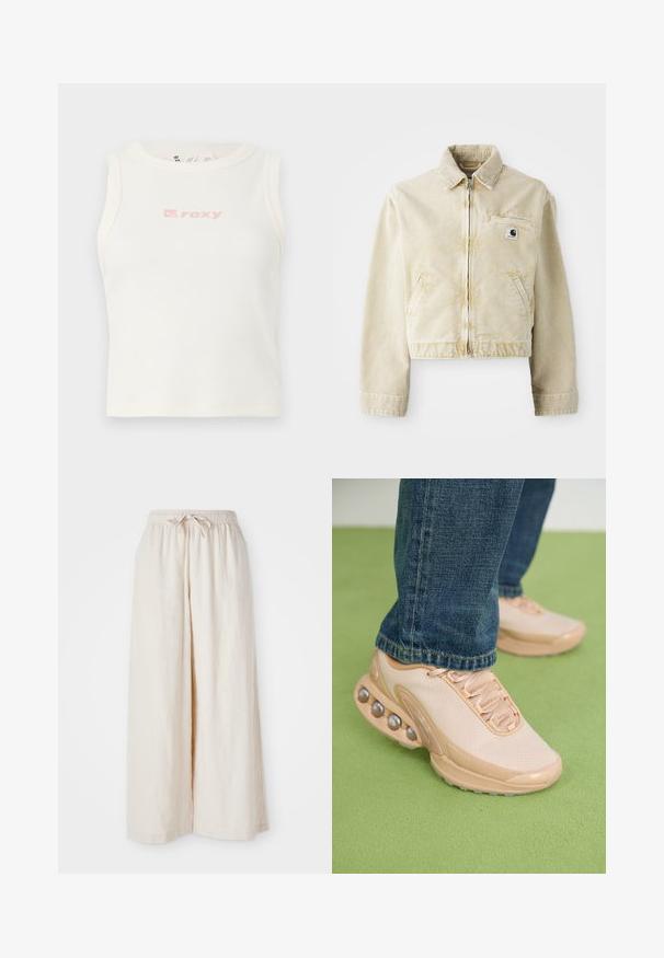 Bežová skrátená bunda vyrobená z mäkkej textílie, s predným zipsom, golierom, dvoma bočnými vreckami a malou nášivkou loga na hrudi.; Biely rebrovaný tielko s okrúhlym výstrihom a malým ružovým logom "Roxy" na hrudníku. Hladká textúra, priliehavý strih, bez rukávov.; Široké krémové nohavice s elastickým pásom a šnúrkou. Hladká, ľahká ľanová tkanina, bez viditeľných vzorov alebo kovových doplnkov.; Svetlo béžové športové topánky majú sieťovanú vrchnú časť, gumovú podrážku a zaoblené detaily s kovovými akcentmi. Sú nosené s modrými džínami na zelenom povrchu.