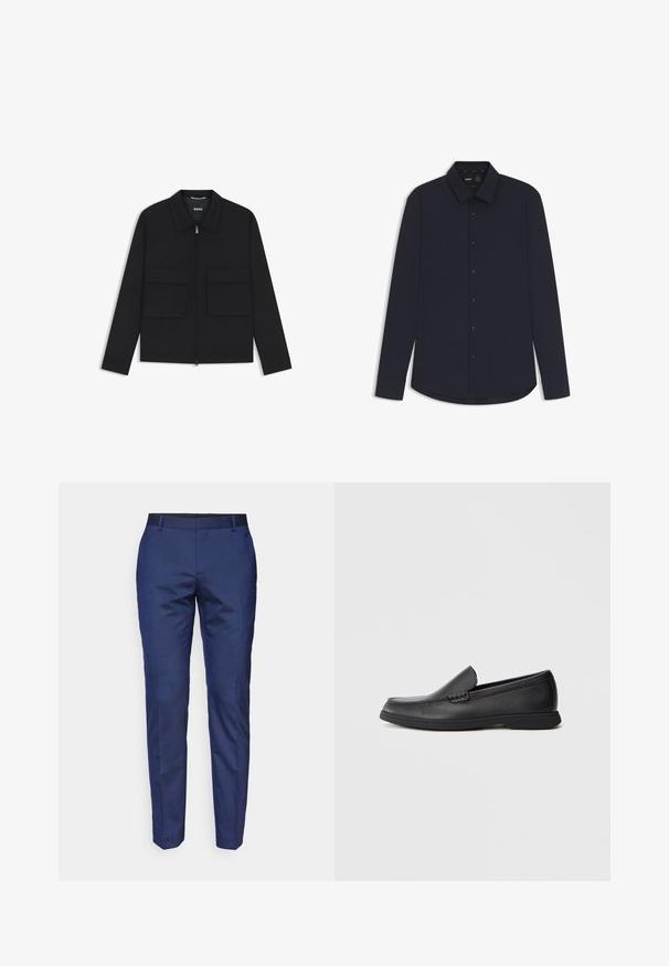 Czarna kurtka z zamkiem na przodzie, spiczastym kołnierzem i dwoma dużymi przednimi kieszeniami. Wykonana z gładkiego, teksturowanego materiału o dopasowanym kroju.; Granatowa koszula z długim rękawem zapinana na guziki, wykonana z gładkiego materiału, z usztywnionym kołnierzykiem, ciemnymi guzikami i zaokrąglonym dołem.; Granatowe, dopasowane spodnie o gładkiej fakturze, wąskim prostym kroju i czarnym pasie. Brak widocznych wzorów lub detali metalowych.; Czarne skórzane mokasyny wsuwane z teksturowaną cholewką, okrągłym noskiem, niskim obcasem i gumową podeszwą, przedstawione w profilu bocznym na białym tle.