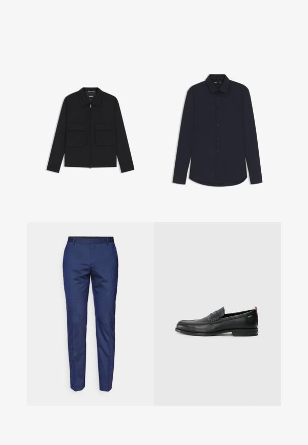 Giacca nera con zip frontale, colletto appuntito e due grandi tasche anteriori. Realizzata in un tessuto liscio e strutturato con una vestibilità sartoriale.; Camicia a maniche lunghe blu navy con bottoni, realizzata in tessuto liscio e dotata di colletto strutturato, con bottoni scuri e orlo curvo.; Pantaloni su misura di colore blu navy con una texture liscia, taglio dritto slim e una cintura nera. Nessun motivo visibile o dettagli in metallo.; Mocassini in pelle nera con un pannello anteriore testurizzato e lati lisci. Presentano un tacco sottile e un anello sul retro per una vestibilità facile. Design classico.