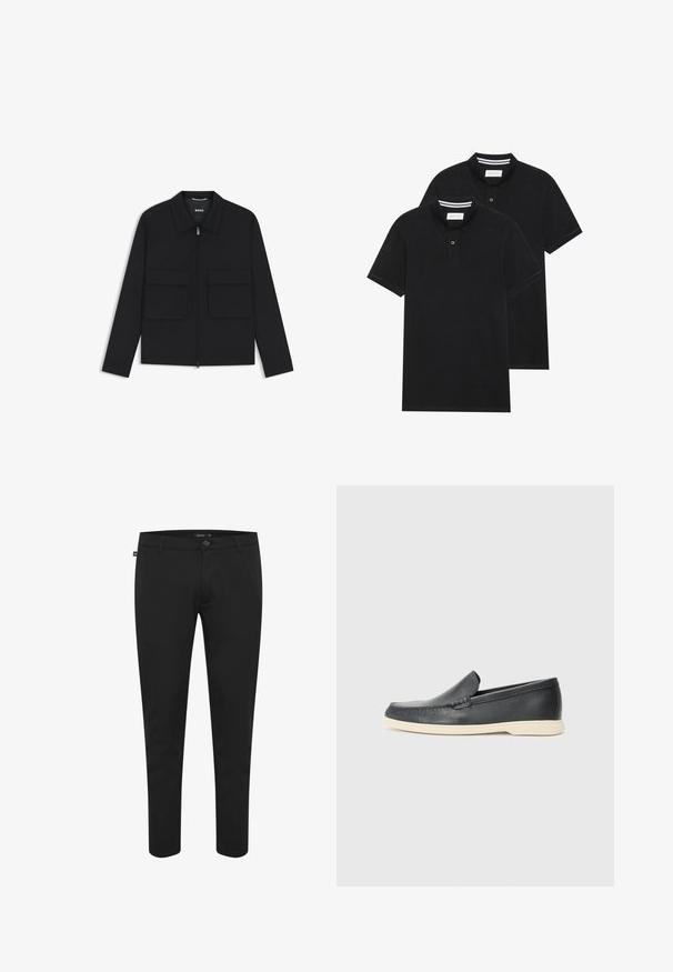 Svart jacka med dragkedja framtill, spetsig krage och två stora framfickor. Tillverkad av ett mjukt, strukturerat tyg med en skräddarsydd passform.; Två svarta polo t-shirts, kortärmade, i bomullsmaterial, med en klassisk krage, tvåknappsslutning och vita randiga accenter inuti kragen.; Svarta byxor i slät tyg. Har knappknäppning, bälteshällor och en slim fit-design med avsmalnande ben. Ingen synlig mönstring.; Svarta läder slip-on loafers med en texturerad yta och en kontrasterande beige gummisula. Har en subtil accent längs fram.
