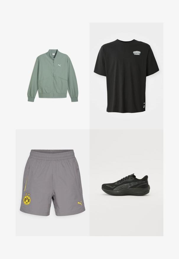 Hele roheline bomber-jakk, millel on lukuga esiosa, elastsed mansetid ja vöökoht. Omab kahte küljetaskut ja valget logo rinnal.; Must-hiline T-särk, millel on lühikesed varrukad, väikese "RIPNDIP PUMA" tekstiga ja viie kassi peaga graafika vasakul ülemisel rinnal.; Hallid hallid spordipüksid, mis on valmistatud kergest materjalist. Omavad kollaseid aktsente ja logosid, elastset vöökohta ning kahte küljetaskut.; Musternähtud pealistusega mustad sportlikud jalatsid, sirged paelad ja pehmendatud tald, millel on peened peegeldavad aktsendid.