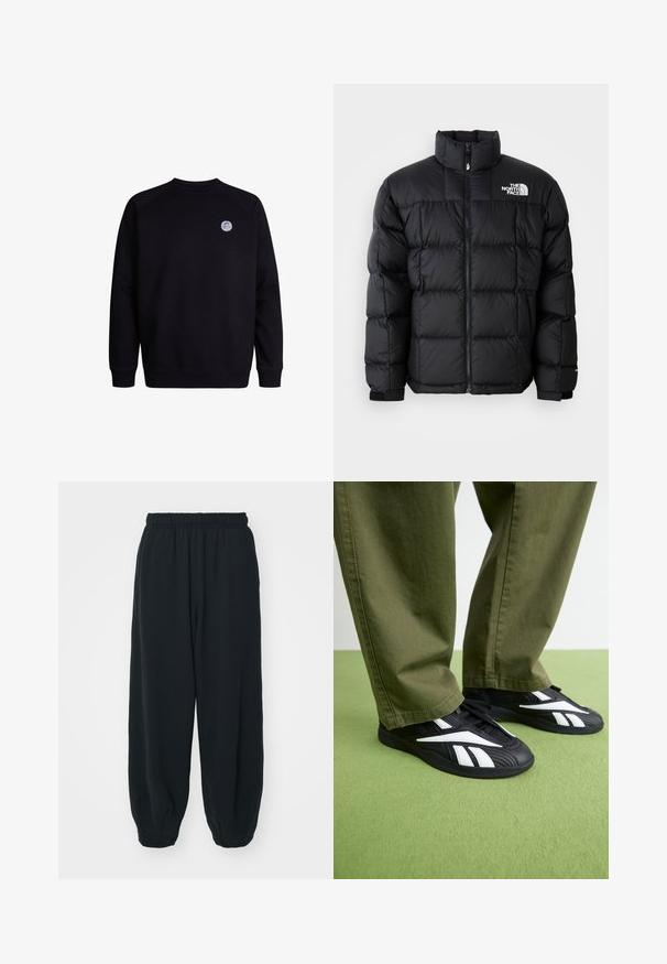 Sort dunjakke med høj krave, vandret syninger og lynlås-lukning. Har logo på den øverste venstre side og velcro-manchetter.; Sort sweatshirt med rund halsudskæring og lange ærmer. Har et lille cirkulært logo på øverste venstre bryst. Blød stofstruktur.; Sorte svedbukser med elastisk talje, løs pasform, afsluttede ankler, glat tekstur og uden synlige mønstre eller hardware-detaljer.; Sorte sportsko med hvide accenter, der har en tekstureret overdel og en rund tå, parret med olivengrønne bukser.