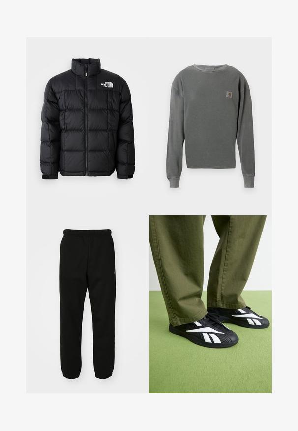 Black puffer jacket with a high collar, horizontal stitching, and zip closure. Features logo on the upper left side and velcro cuffs.; Gray long-sleeve crewneck sweatshirt with ribbed texture, featuring a small square logo patch on the left chest and ribbed cuffs.; Black sweatpants made of soft fabric with an elastic waistband, cuffed ankles, and a small logo accent on the side.; Black athletic shoes with white accents, featuring a textured upper and a rounded toe, paired with olive green trousers.