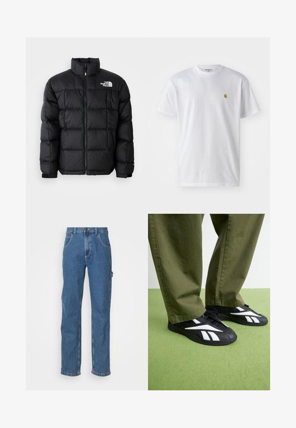 Černá péřová bunda s vysokým límcem, horizontálním prošitím a zipovým uzavíráním. Obsahuje logo na horní levé straně a suché zipy na rukávech.; Bílé bavlněné tričko s krátkým rukávem a kulatým výstřihem, s malým zlatým logem na levé straně hrudi. Měkká textura a klasický střih.; Světlé modré jeansy z denimu se rovný střih, pěti kapsami a mírným efektem vyblednutí na látce. Obsahují zapínání na knoflík a zip.; Černé sportovní boty s bílými akcenty, s texturovaným svrškem a zaoblenou špičkou, spárované s olivově zelenými kalhotami.