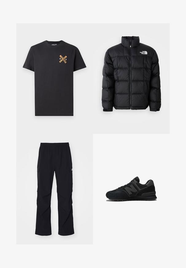 Black puffer jacket with a high collar, horizontal stitching, and zip closure. Features logo on the upper left side and velcro cuffs.; Black cotton t-shirt featuring a graphic design in orange, displaying the words "ELEMENT" and "REMEMBER" in a cross pattern on the chest.; Black cargo pants made of lightweight material, featuring an elastic waistband, side pockets, and a straight leg design.; Black sneaker featuring a suede and mesh upper, thick sole, and prominent 'N' logo on the side. Textured design with lace closure.