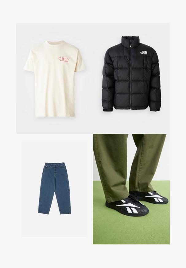 Juodas pūkinis švarkas su aukštu apykakle, horizontaliu siuvimu ir užtrauktuku. Viršutinėje kairėje pusėje yra logotipas, o rankogaliai – su velcro.; Kremo spalvos medvilnės marškinėliai su trumpomis rankovėmis, apvaliu iškirpimu ir raudona grafine tekstu "OBEY MCMLXXXIX", spausdintu priekyje.; Mėlyni džinsai su laisvu siluetu, aukštu juosmeniu, penkių kišenių dizainu ir siuvinio akcentais. Su mygtuku ir užtrauktuku.; Juodi sportiniai bateliai su baltais akcentais, turintys tekstūruotą viršutinę dalį ir apvalų nosį, derinami su alyvuogių žalios spalvos kelnėmis.