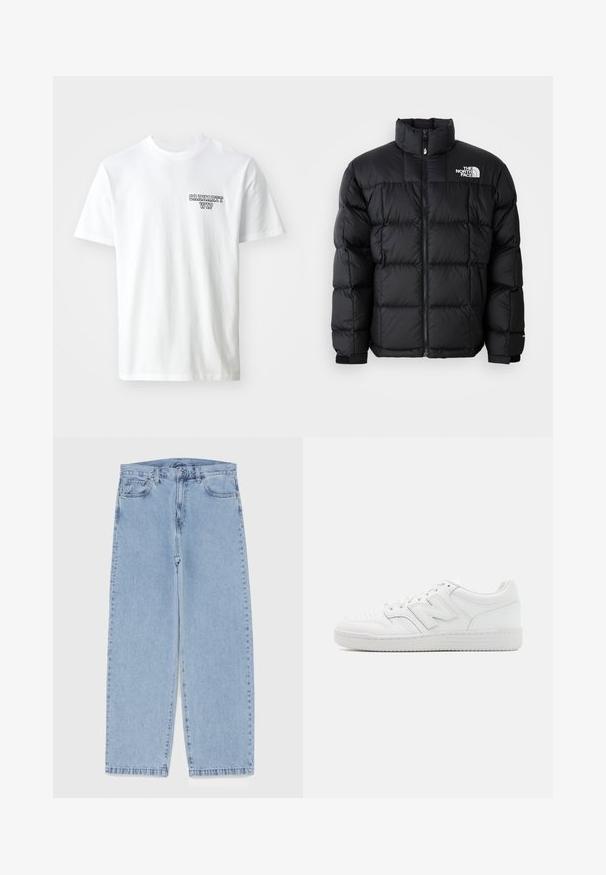 Giacca a vento nera con colletto alto, cuciture orizzontali e chiusura con zip. Presenta il logo sul lato sinistro in alto e polsini in velcro.; T-shirt bianco in cotone con collo a giro. Presenta un piccolo logo in blu "CARHARTT WIP" sul petto sinistro. Vestibilità classica, maniche corte.; Jeans in denim azzurro chiaro con design a gamba dritta, caratterizzati da una vita media, cinque tasche e chiusura con bottone e zip.; Sneaker bianco realizzato in pelle liscia, con punta perforata, suola in gomma testurizzata, lacci piatti e un prominente logo 'N' sul lato.