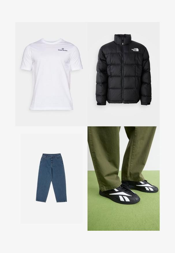 Fekete puffertakaró, magas gallérral, vízszintes varrással és cipzáras záródással. Az elülső bal oldalon logó található, valamint tépőzáras mandzsetták.; Fehér pamut póló rövid ujjakkal, kerek nyakkivágással, és egy kis kék logóval a bal mellrészen. Simávámer texture, címke látható a belső oldalán.; Kék farmernadrág, laza szabással, magas derékkal, öt zsebes kialakítással és varrási díszítésekkel. Gombos és cipzáros záródással rendelkezik.; Fekete sportcipő fehér részletekkel, amelynek textúrázott a felső része és kerek orra van, olíva zöld nadrággal párosítva.