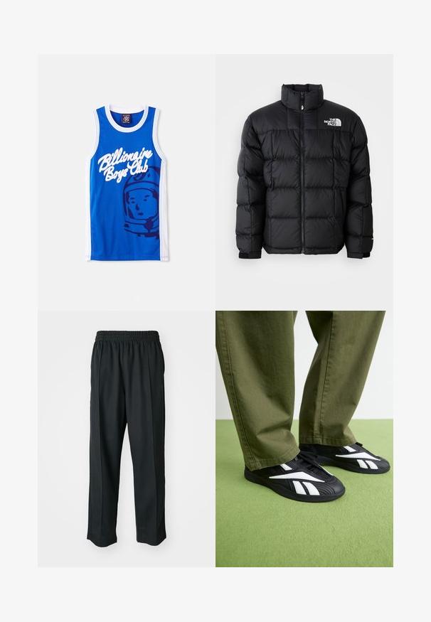 Black puffer jacket with a high collar, horizontal stitching, and zip closure. Features logo on the upper left side and velcro cuffs.; Blue mesh tank top featuring a white “Billionaire Boys Club” logo and a graphic of an astronaut. White trim along the arms and neck.; Black athletic pants with an elastic waistband, made of smooth fabric, featuring subtle side stitching and a relaxed fit, straight leg design.; Black athletic shoes with white accents, featuring a textured upper and a rounded toe, paired with olive green trousers.