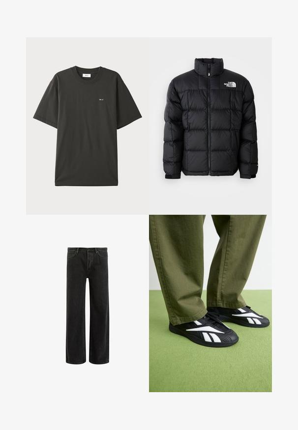 Fekete puffertakaró, magas gallérral, vízszintes varrással és cipzáras záródással. Az elülső bal oldalon logó található, valamint tépőzáras mandzsetták.; NN.07 ADAM EMB - Basic póló - khaki; Fekete farmerszövet, bő szárú nadrág magas derékkal, klasszikus ötpocket kivitelben, és finom kopással a texturált megjelenés érdekében.; Fekete sportcipő fehér részletekkel, amelynek textúrázott a felső része és kerek orra van, olíva zöld nadrággal párosítva.