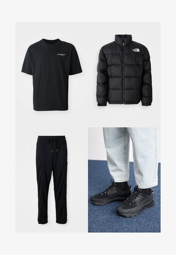 Juodas pūkinis švarkas su aukštu apykakle, horizontaliu siuvimu ir užtrauktuku. Viršutinėje kairėje pusėje yra logotipas, o rankogaliai – su velcro.; Juodas medvilninis T-shirt su apvalia iškirpte, trumpomis rankovėmis, laisvu kirpimu ir balta logotipo tekstu kairėje krūtinės pusėje. Be raštų ar akcentų.; Juodos laisvos kelnės su raišteliu liemens, šoninėmis kišenėmis ir tiesiu kirpimu ant vienodos fono.; Juodi sportiniai bateliai su tekstūruota medžiaga ir guminiais padais, su elastingomis raišteliais ir mėlynu akcentu ant kulno. Dėvimi su šviesiai mėlynomis džinsinėmis kelnėmis.