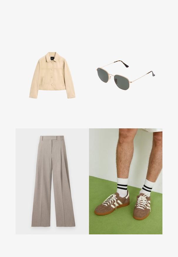 Beige ruskindsjakke med krave, frontknapper og to sidelommer. Har et let cropped design og enkle sømdetaljer.; Hvid langærmet top med dyb V-hals, ribbet tekstur på skuldrene og tætsiddende design. Mærket er synligt ved halsudskæringen.; By Malene Birger BARIA - Bukser - grey brown melange; Brune ruskind sneakers med hvide detaljer og snørebånd. Gummisål i naturgummi. Båret med hvide sokker med sorte striber. Grøn struktureret gulv.; Guldmetallisk brille med mørkegrønne linser, aviator-stil, med slanke arme og skildpadde-mønstrede detaljer på spidserne.; Brun mønstret spandtaske med et præget logo, læderdetaljer og en lynlåslomme indeni. Har en enkel skulderrem.