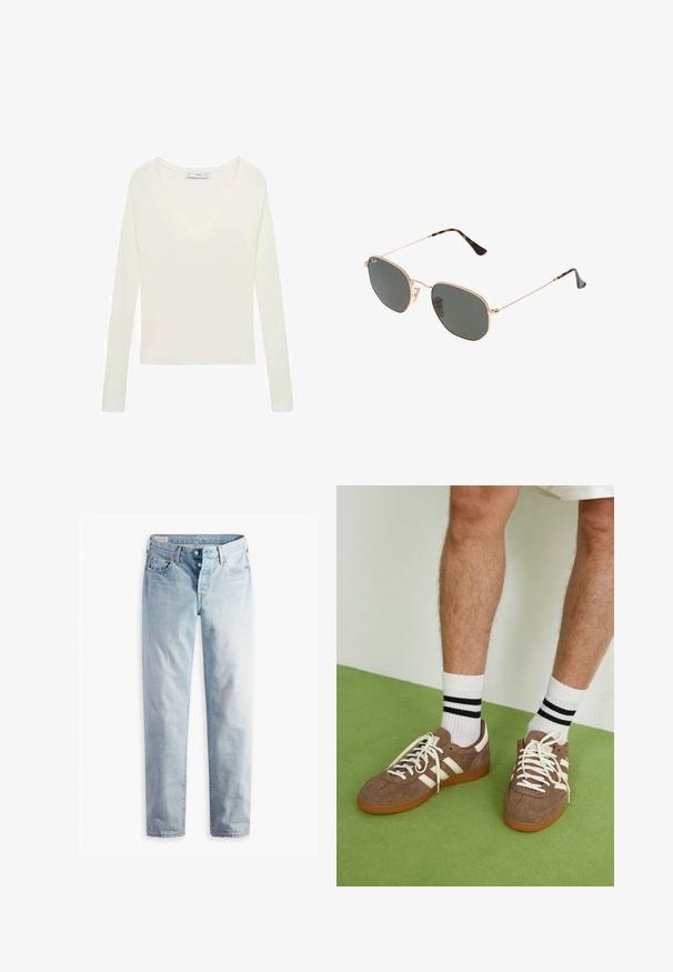Béžová semišová bunda s límcem, předními knoflíky a dvěma bočními kapsami. Disponuje mírně zkráceným střihem a jednoduchými švy.; Bílý top s dlouhými rukávy a hlubokým výstřihem do V, ribovaná textura na ramenou a přiléhavý střih. Štítek viditelný u výstřihu.; Světle modré denimové džíny s rovnými nohavicemi, dvě přední kapsy a dvě zadní kapsy. Obsahují dvouknoflíkový zip a jemné prošívání.; Hnědé semišové tenisky s bílými akcenty a tkaničkami. Gumová podrážka. Nošeny s bílými ponožkami s černými pruhy. Zelená strukturovaná podlaha.; Sluneční brýle s kovovým zlatým rámem a tmavě zelenými skly, styl aviatorek, s úzkými obroučkami a želvovinovými akcenty na špičkách.