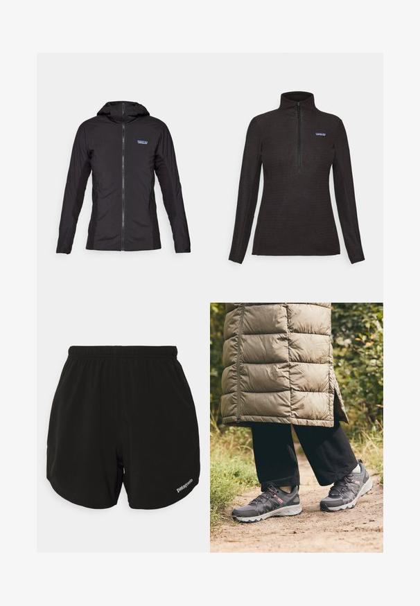 Sort letvægtsjakke med lynlås foran og hætte. Teksturerede stofpaneler på siderne med et lille logo øverst til venstre.; Sort tekstureret fleece-pullover med lange ærmer, en kvart lynlås fortil og et lille logo patch på venstre bryst.; Sorte træningsshorts med elastisk talje, der har en buet kant, sidelommer og et lille hvidt "Patagonia"-logo nederst til højre.; Columbia PEAKFREAK™ II OUTDRY™ - Hikingsko - graphite/salmon rose