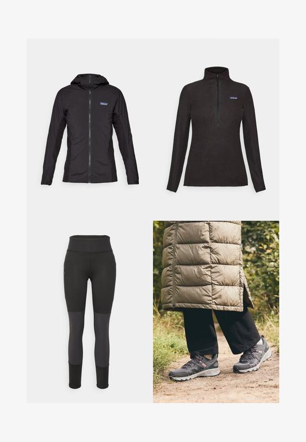 Chaqueta ligera negra con cremallera frontal y capucha. Paneles de tela texturizada en los lados, con un pequeño logo en la parte superior izquierda.; Sudadera de polar texturizado negro con mangas largas, cremallera en el pecho de un cuarto y un pequeño parche con logo en el lado izquierdo del pecho.; Leggings deportivos negros con una cintura alta, con un diseño texturizado, paneles grises en contraste, bolsillos laterales y puños ajustados.; Columbia PEAKFREAK™ II OUTDRY™ - Zapatillas de senderismo - graphite/salmon rose