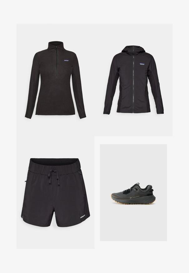 Mustmust kaaluv jope, millel on eesneel ja kapuuts. Külgedel on tekstuuriga kangaste paneelid ning vasakul üleval on väike logo.; Musta tekstuuriga fliispusa pikkade varrukatega, veerand lukuga esiosas ja väike logo kleebis vasakul rinnal.; Mustad mustad ujumispüksid kergest kangast, elastse vöökoha, paelaga ja küljetaskutega funktsionaalsuse jaoks.; Columbia TERRASTRIDE CRZ - Matkajalatsid - shark/black